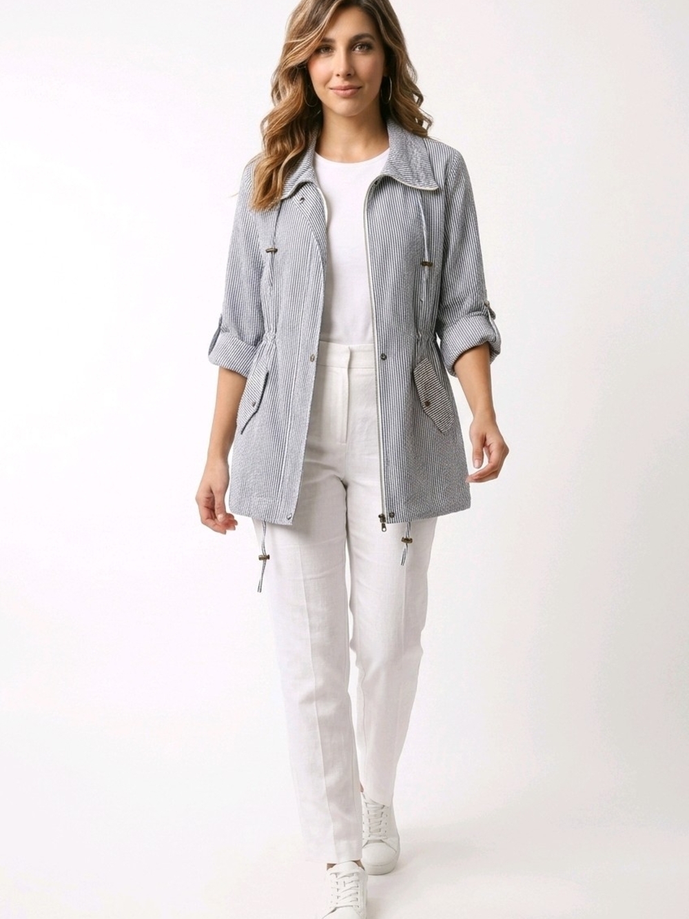 AMX Women's Blue & White Striped  Utility Jacket Size LG Costal Cottagecore